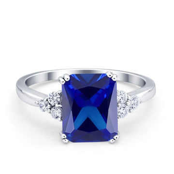 Art Deco Emerald Cut Wedding Ring Simulated Blue Sapphire CZ 925 Sterling Silver
